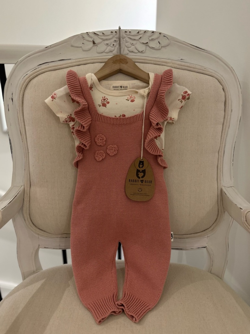 🤍 3~6 Mth Organic Cotton Rabbit & Bear Rusty~Rose Knit Ruffle Baby Romper NWT
